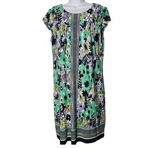 Floral Mod Midi Dress Cap Sleeve Green Garden Party 14 DB Established 1962 Retro